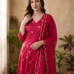 Black Floral Embroidered Mirror Work A-Line Kurta With Trousers & Dupatta