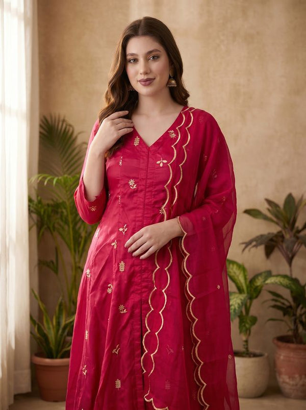 Rani Floral Embroidered Mirror Work A-Line Kurta With Trousers & Dupatta