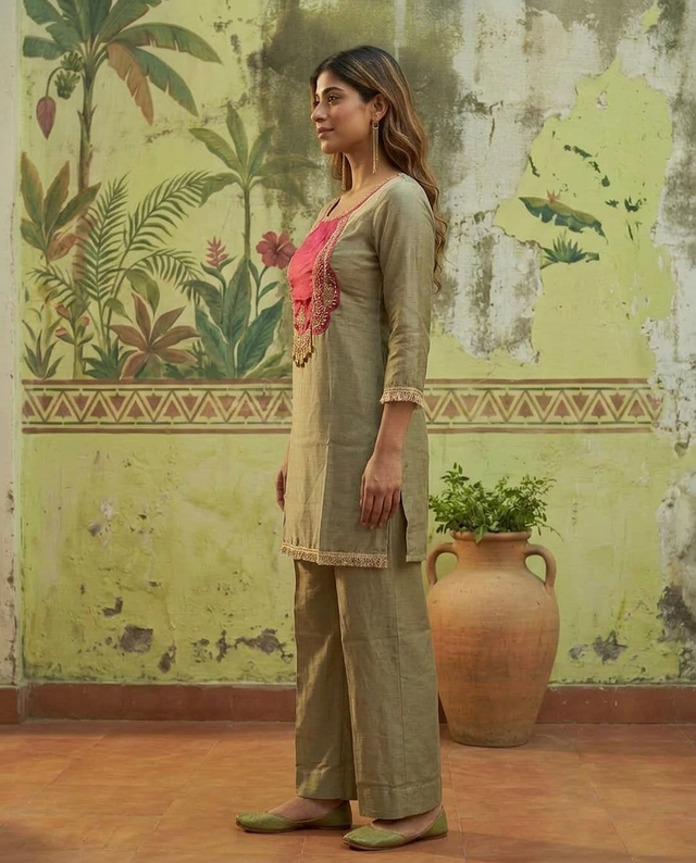 Floral Embroidered & Mirror Work Tunic With & Trouser