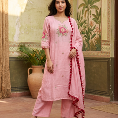Floral Embroidered  Straight Kurta With & Trousers & Dupatta