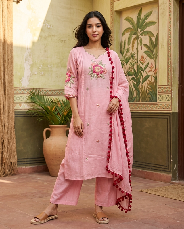 Floral Embroidered  Straight Kurta With & Trousers & Dupatta