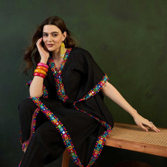 Black Mirror Work V-Neck Kaftan Kurta With Dhoti Pants