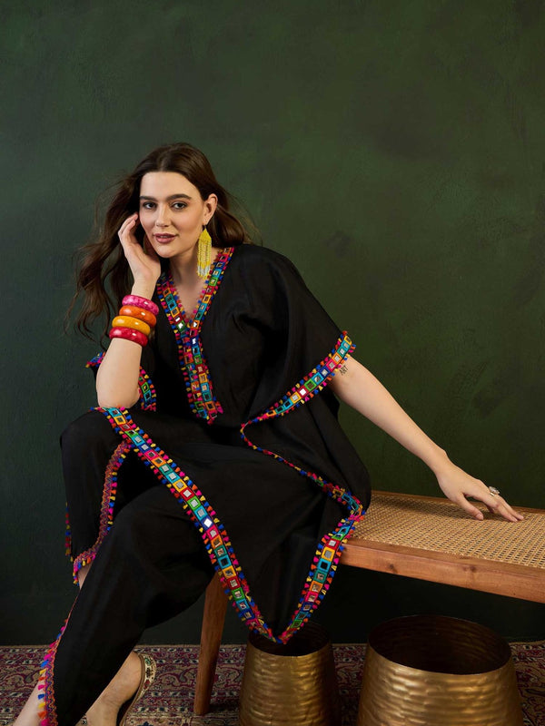 Black Mirror Work V-Neck Kaftan Kurta With Dhoti Pants