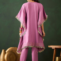 Yoke Design V-Neck Mirror Work Kaftan Kurta With Trousers