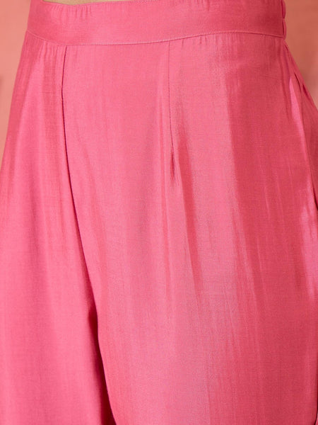 Pink Floral Gotta Patti Notch Neck Kurta With Trousers And Dupatta