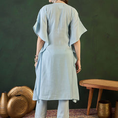Turquoise Blue Geometric Embroidered Mirror Work Roman Silk Kurta With Trouser