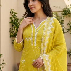 Yellow Embroidered Pure Cotton Straight Kurta With Trouser & Dupatta
