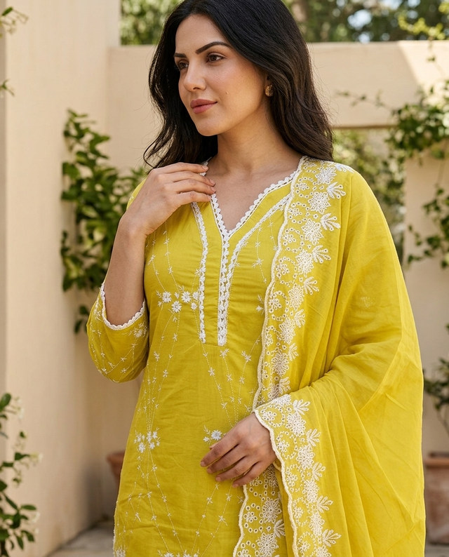 Yellow Embroidered Pure Cotton Straight Kurta With Trouser & Dupatta