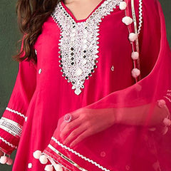 Pink Floral Embroidered Mirror Work A-Line Kurta With Trousers & Dupatta