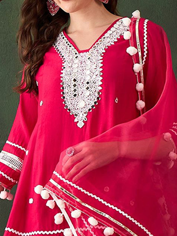 Pink Floral Embroidered Mirror Work A-Line Kurta With Trousers & Dupatta