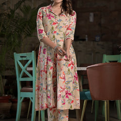 Floral Printed Lapel Collar A-Line Kurta With Trouser