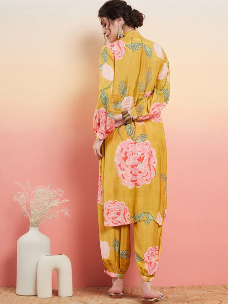 Floral Printed Shirt Collar Mirror Work Pathani Kurta & Trousers