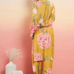 Floral Printed Shirt Collar Mirror Work Pathani Kurta & Trousers
