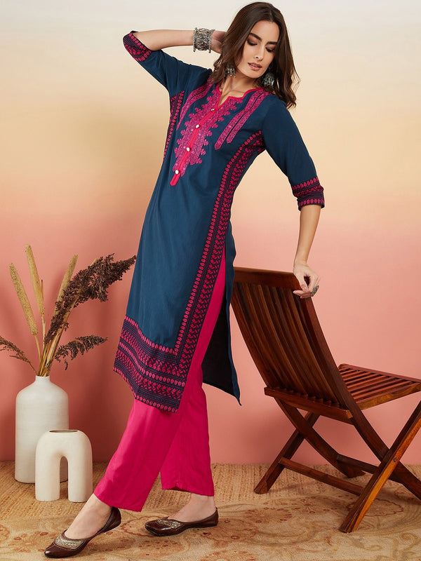 Ethnic Motifs Embroidered Thread Work Straight Kurta