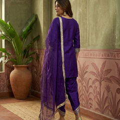 Purple Floral Embroidered & Sequinned A-Line Kurta With Dhoti Pant & Dupatta Kurta Set
