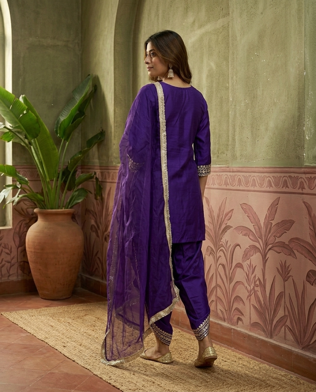 Purple Floral Embroidered & Sequinned A-Line Kurta With Dhoti Pant & Dupatta Kurta Set