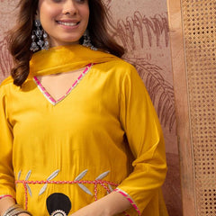 Mustard Ethnic Motif Embroidered Straight Kurta With Trouser & Dupatta Kurta Set