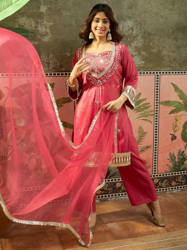 Pink Ethnic Motif Embroidered Kurta With Top & Trouser & Dupatta