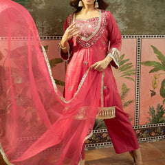 Pink Ethnic Motif Embroidered Kurta With Top & Trouser & Dupatta