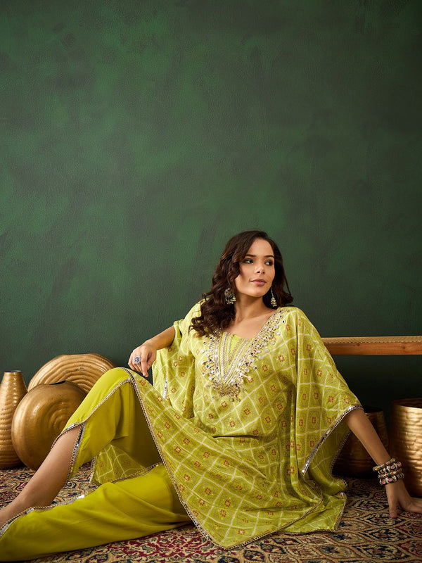 Bandhani Printed Gotta Patti Asymmetric Kaftan With Dhoti Pant