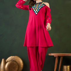 Embroidered Kurta, Palazzo With Bag Kurta Set