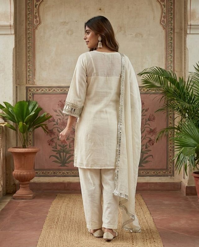 Off White Ethnic Motif Embroidered Kurta With Top & Trouser & Dupatta