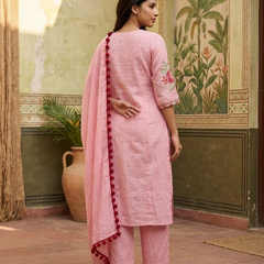 Floral Embroidered  Straight Kurta With & Trousers & Dupatta