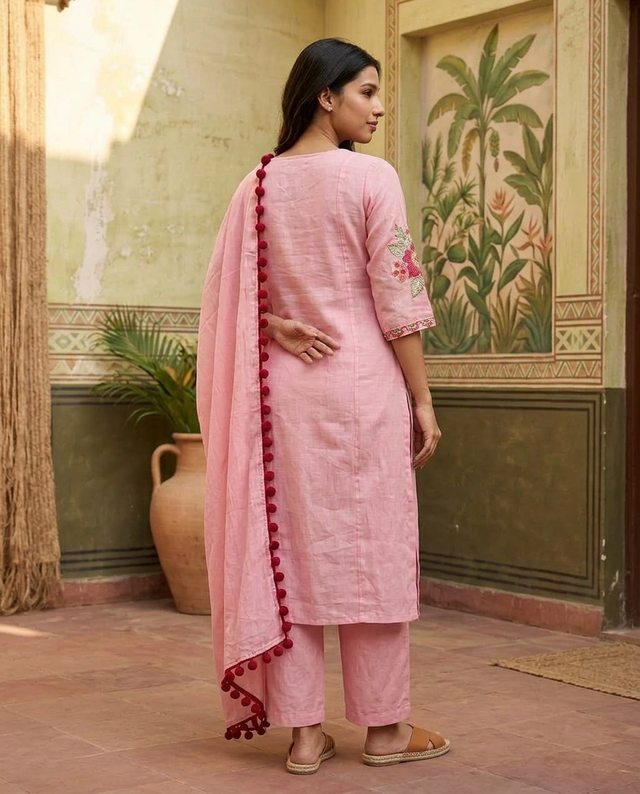 Floral Embroidered  Straight Kurta With & Trousers & Dupatta