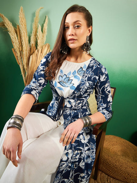 Floral Printed Pure Silk Top & Palazzo Co-Ords With Shrug
