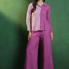 Purple Embroidered Shirt Collar Shirt & Palazzo Co-Ords