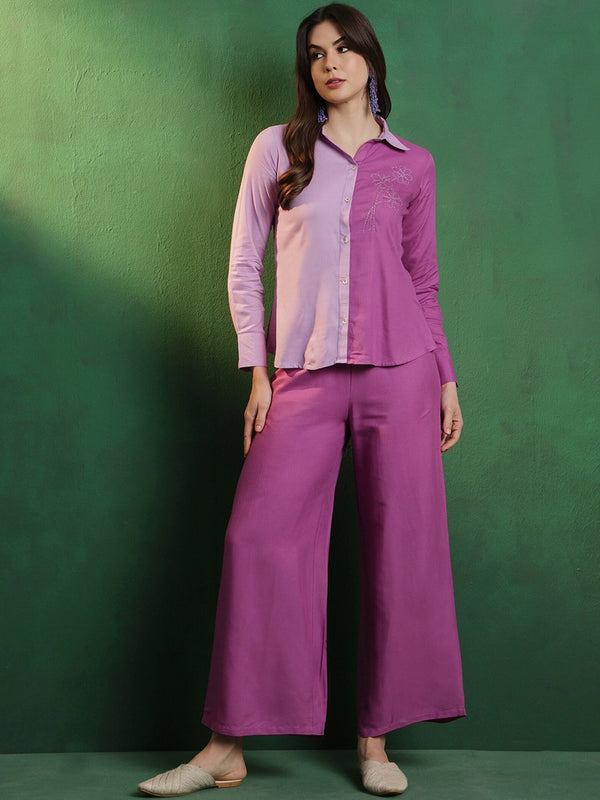 Purple Embroidered Shirt Collar Shirt & Palazzo Co-Ords