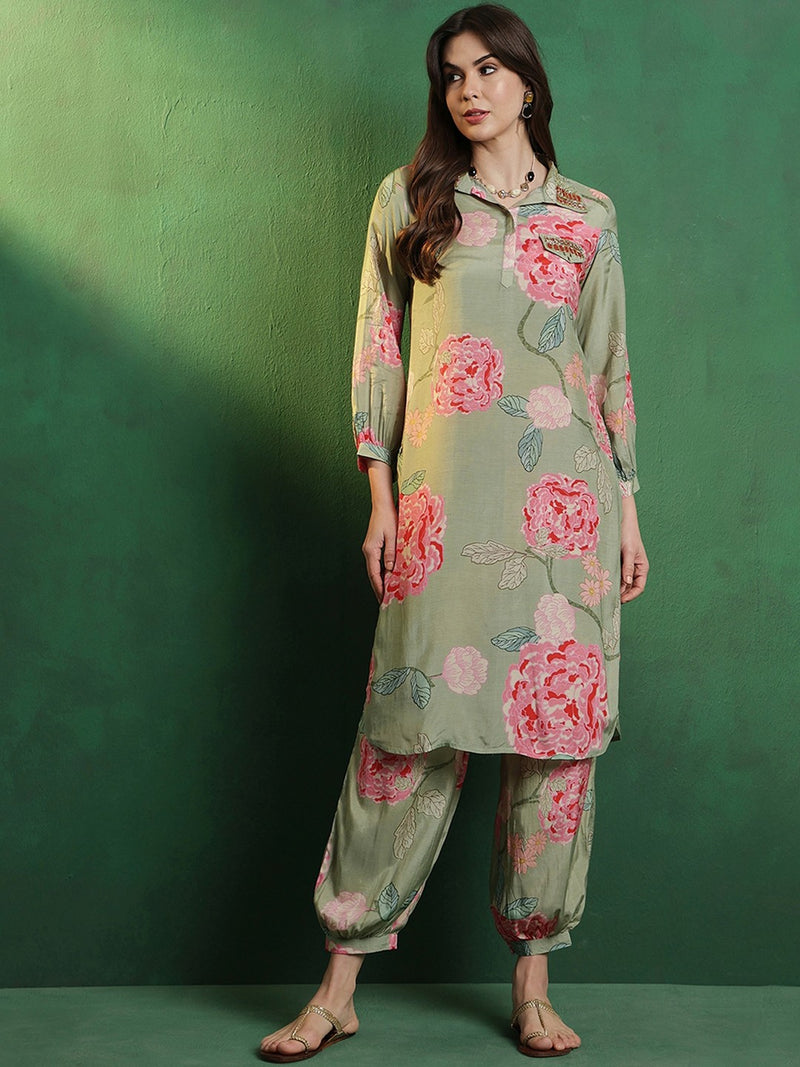 Floral Printed Shirt Collar Mirror Work Pathani Kurta & Trousers