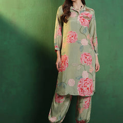Floral Printed Shirt Collar Mirror Work Pathani Kurta & Trousers