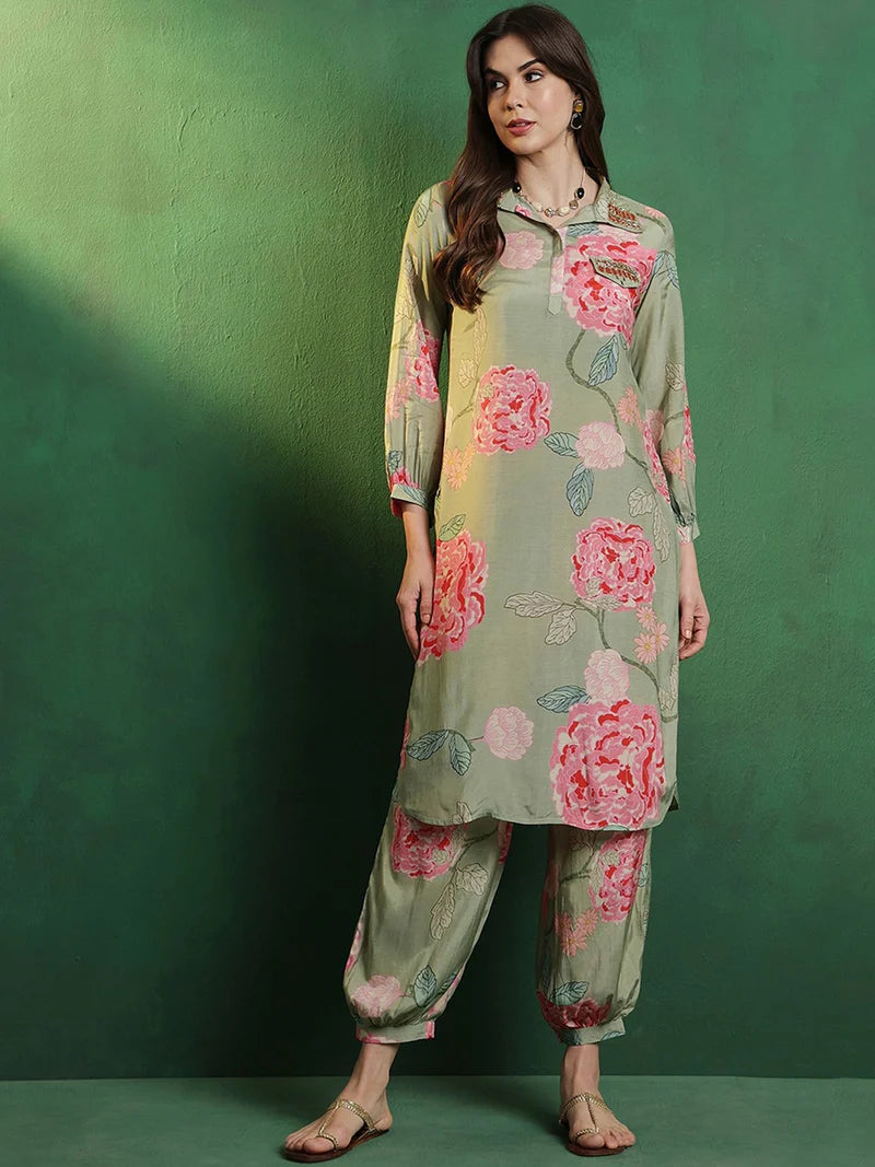 Floral Printed Shirt Collar Mirror Work Pathani Kurta & Trousers