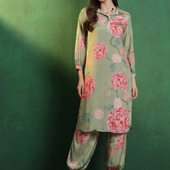 Floral Printed Shirt Collar Mirror Work Pathani Kurta & Trousers