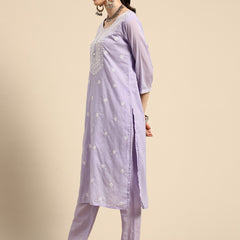 Women Floral Embroidered Pure Cotton Kurta with Trousers & With Dupatta