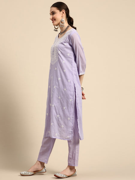 Women Floral Embroidered Pure Cotton Kurta with Trousers & With Dupatta