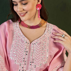Pink Geometric Embroidered Mirror Work Roman Silk Kurta With Trouser
