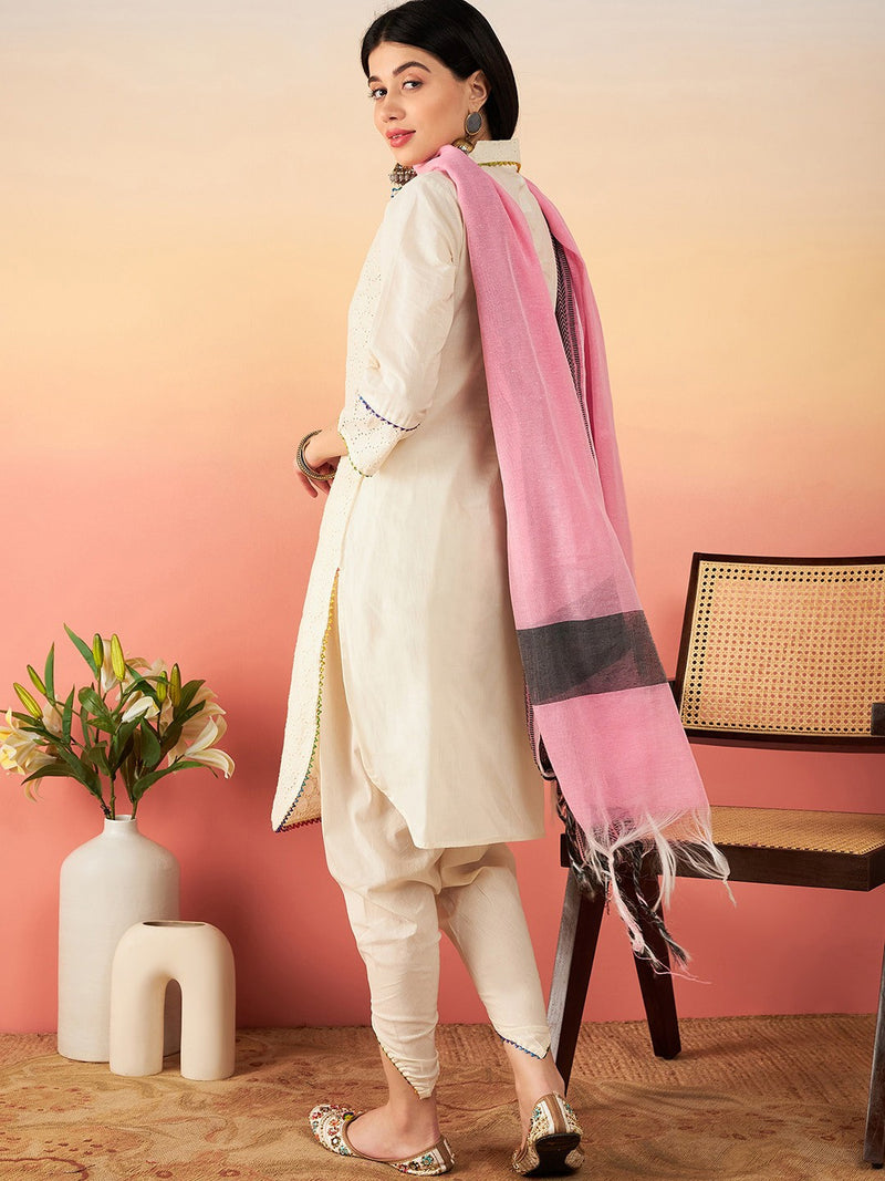 Off White Ethnic Motifs Self Design Thread Work Pure Cotton Kurta Set