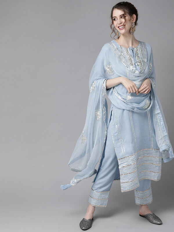 Powder Ethnic Motifs Embroidered Gotta Patti Kurta with Trousers & DupattaKurta Set