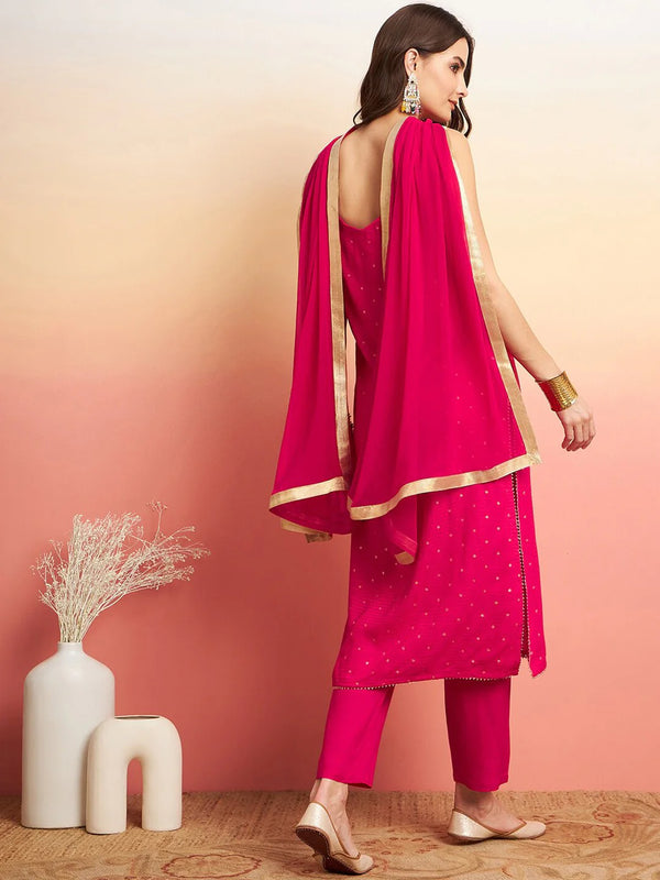 Embroidered Shoulder Straps Straight Kurta With Trousers & Dupatta
