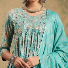 Floral Printed Thread Work Pure Cotton A-Line Kurta & Trousers With Dupatta