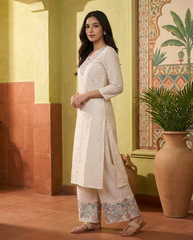 Floral Embroidered Thread Work Straight Kurta With Trousers