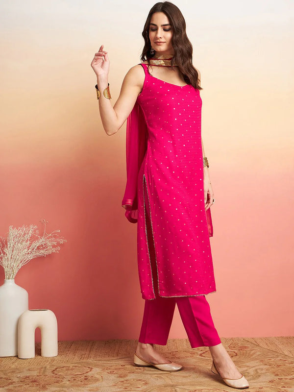 Embroidered Shoulder Straps Straight Kurta With Trousers & Dupatta