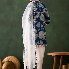 Blue Floral Printed Mirror Work Pure Cotton Kurta With Dhoti Pant & Dupatta