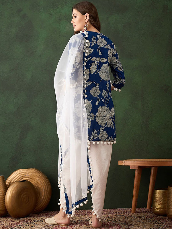 Blue Floral Printed Mirror Work Pure Cotton Kurta With Dhoti Pant & Dupatta