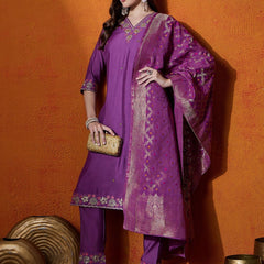 Purple Floral Embroidered V-Neck Straight Kurta With Trouser And Dupatta