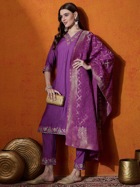 Purple Floral Embroidered V-Neck Straight Kurta With Trouser And Dupatta