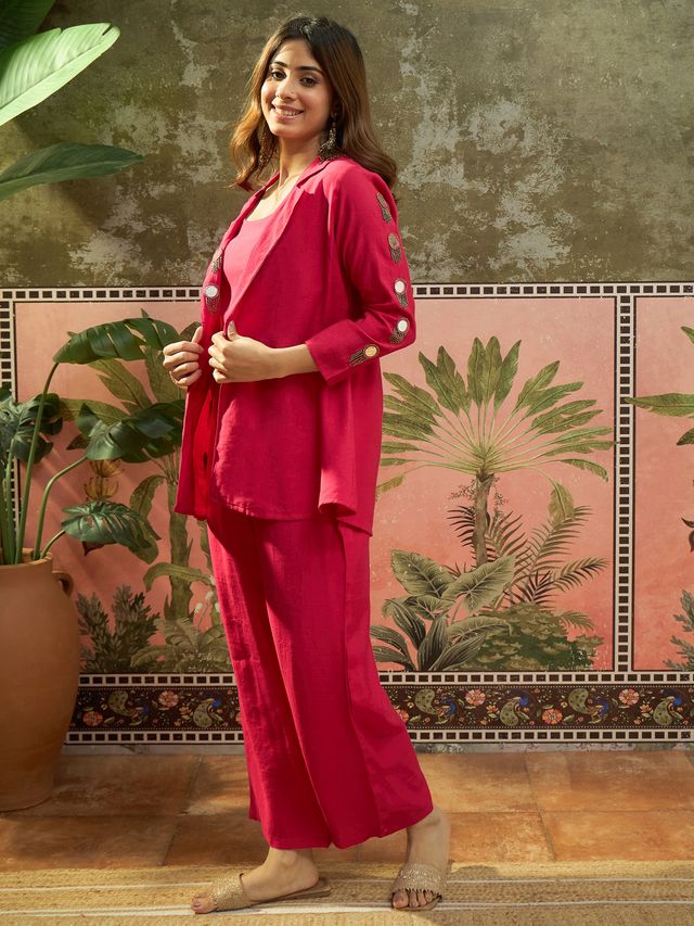 Fuchsia Embroidered Top With Jacket & Trouser Co-Ords