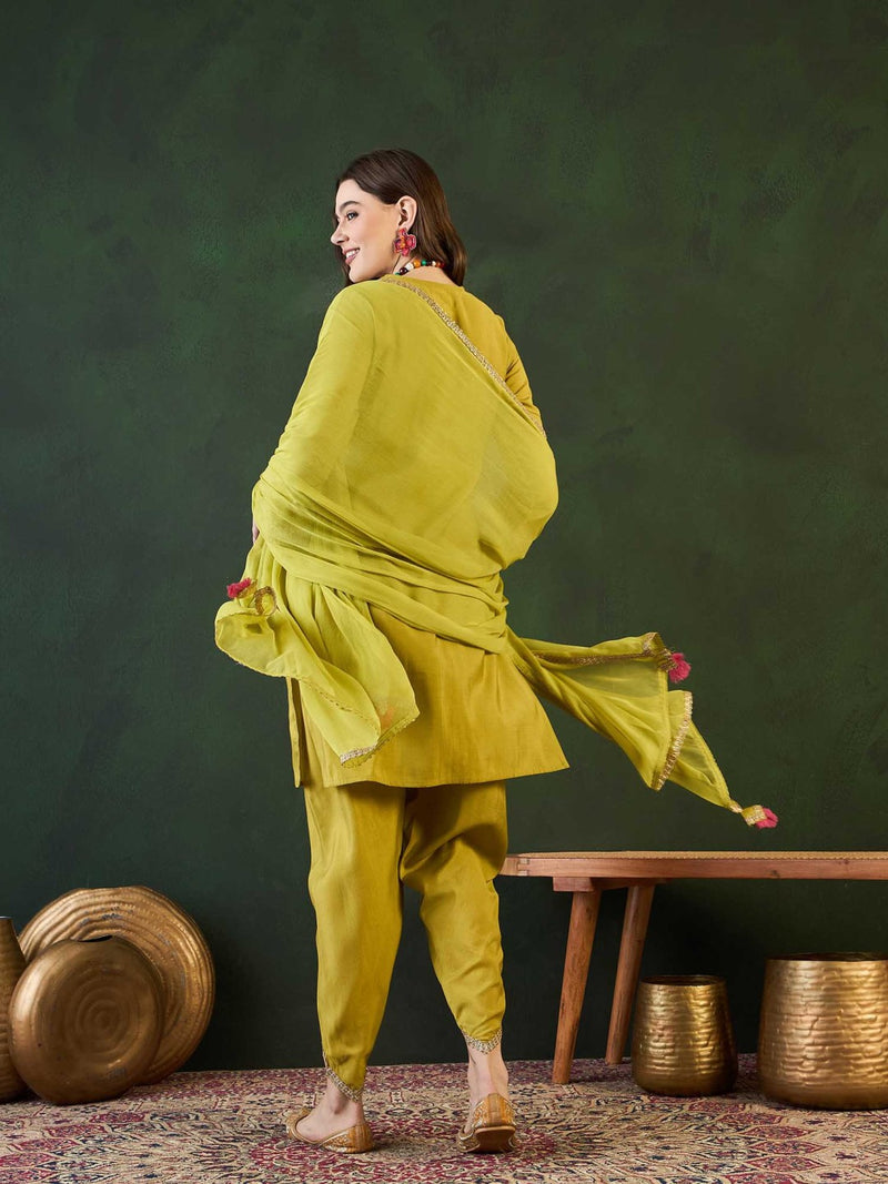 Green Embroidered Mirror Work Round Neck Straight Kurta With Dhoti Pants & Dupatta